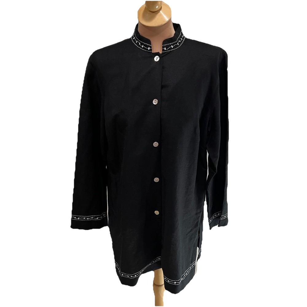 J H Collectibles Women's Black Linen Blend Tunic Size Large Embroidered‎ Button